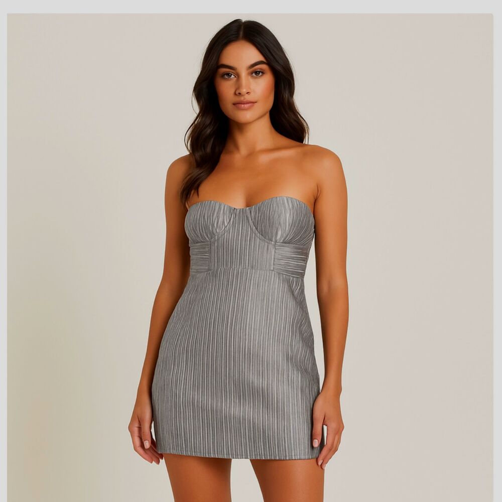 Hello Molly Silver Pleated Corset Mini Dress Metallic Y2K Babydoll Holiday Party